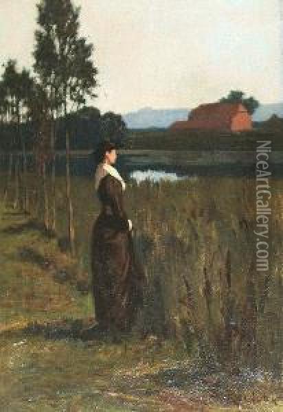A Young Peasant Woman In A Marsh Field Oil Painting - Samuel Reid