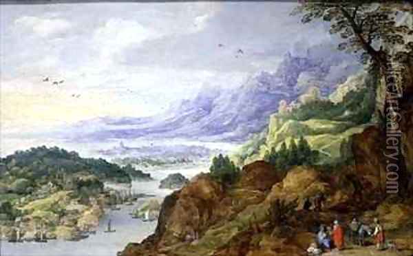 Mountainous coastal landscape with travellers at rest Oil Painting - J. & Momper, J.de Brueghel