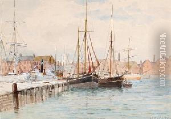 Thames Barges Moored; Discharging Timber Onsouthampton Water Oil Painting - George Stanfield Walters