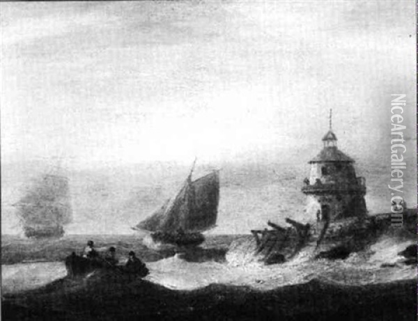 Shipping Off A Foreland With A Lighthouse Oil Painting - Thomas Luny