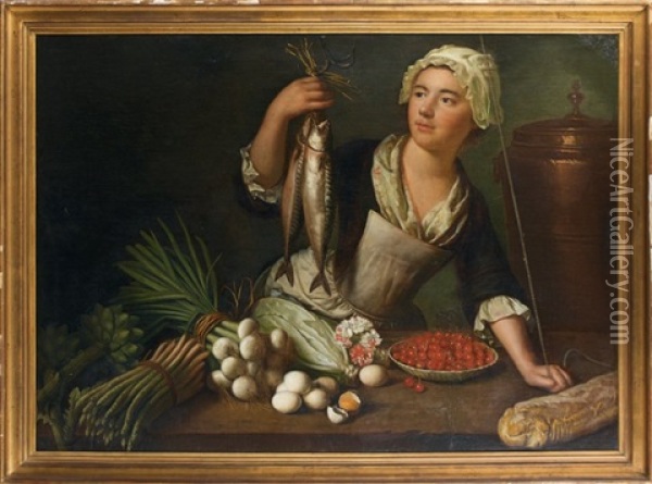 Servante Dans Une Cuisine Hissant Des Maquereaux - Sur La Table: Legumes, Oeufs, Cerises Et Pain Oil Painting - Andre Bouys