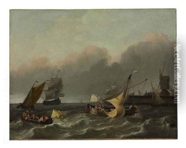 Ships On The Ij River, Off The Leeuwenberg Jetty And The Windmill De Bok Oil Painting - Ludolf Backhuysen the Elder