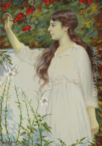 Jeune Femme Cueillant Des Fleurs Oil Painting - Marie de Goyon