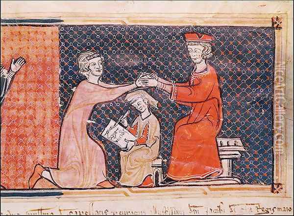 The Royal Prosecutor, the Scribe and the Feudal Lord, from 'Capbreu de Clayra et de Millas' 1292 Oil Painting - Anonymous Artist