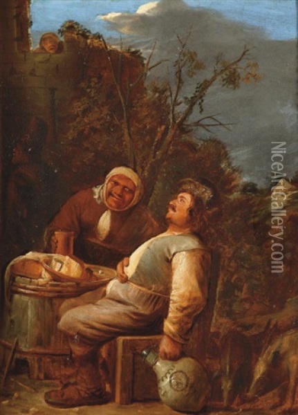 Peasants Drinking Outside An Inn Oil Painting - Joos van Craesbeeck