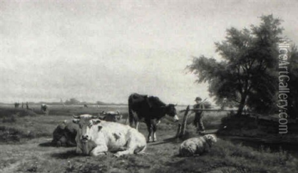 A Farmer Tending His Grazing Cattle Oil Painting - Hendrik Savry