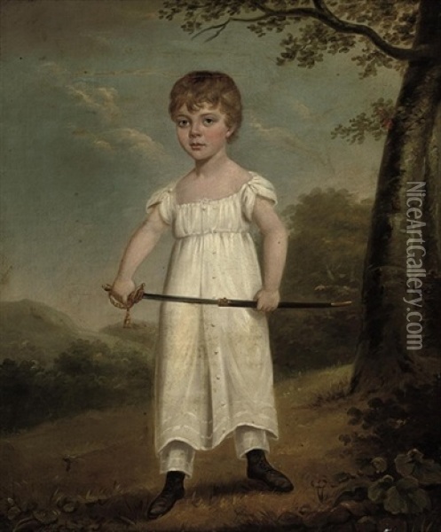 Portrait Of A Young Boy Standing In A White Gown, Holding A Sword, In A Landscape Oil Painting - Sir William Beechey
