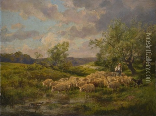 Berger Et Ses Moutons A La Mare Oil Painting - Clement (Charles-Henri) Quinton