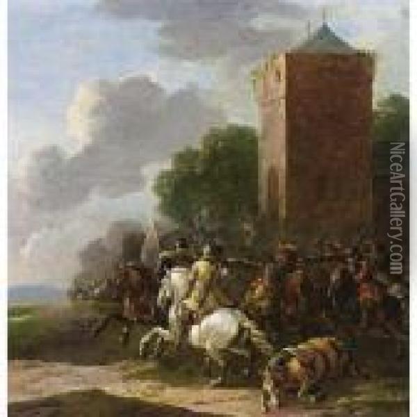 A Cavalry Battle Near A Tower Oil Painting - Simon Johannes van Douw