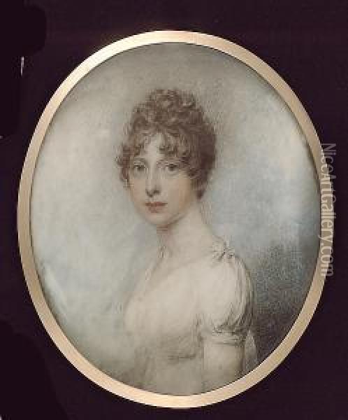 Miss Frances Wright, Wearing White Dress With Small Bow At Her Shoulder Oil Painting - William Ii Wood