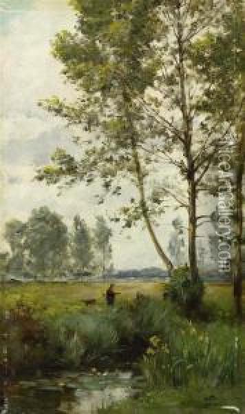 A River Landscape With Hunters And Dogs Oil Painting - Pierre Outin