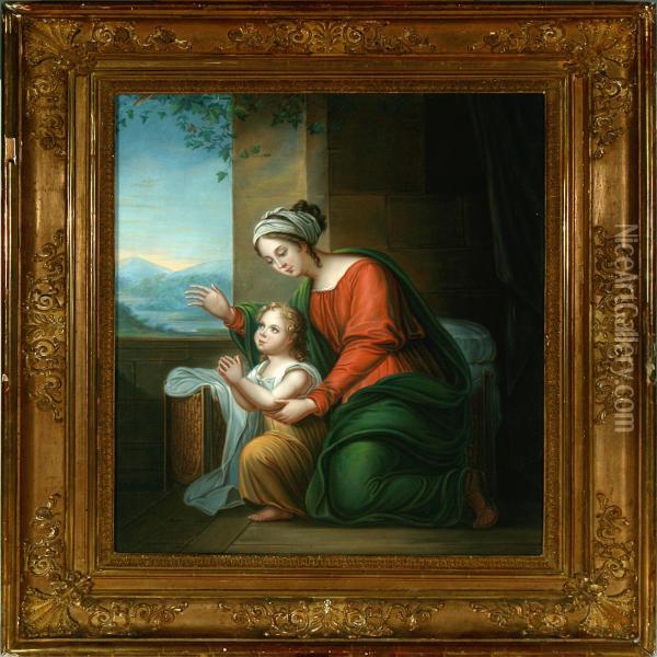 Pehr Lindhberg: Mother And Son Doing Their Morning Prayer. Signed And Dated P. Lindhberg Fecit 1832 Oil Painting - Per Lindhberg