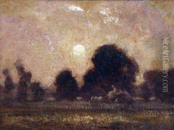 Harvesting At Twilight Oil Painting - Thomas William Morley