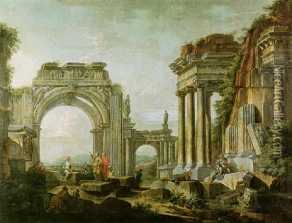 Roman Ruins With The Parable Of The Fishes Oil Painting - Giovanni Paolo Panini