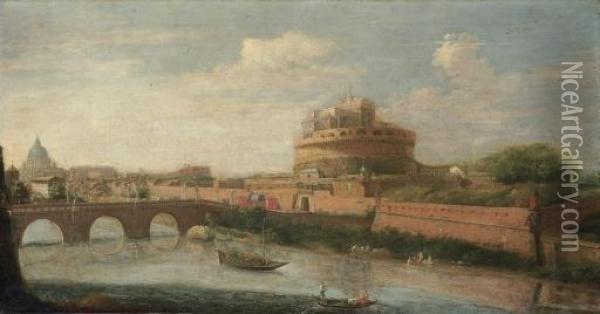 Rome: A View Of The Tiber, With The Castel Sant'angelo And St. Peter's Beyond Oil Painting - Hendrik Frans Van Lint