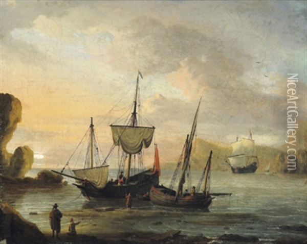 Zwei Frachtboote Und Ein Dreimaster Vor Einer Felsigen Kuste Mit Figuren Oil Painting - Aernout (Johann Arnold) Smit