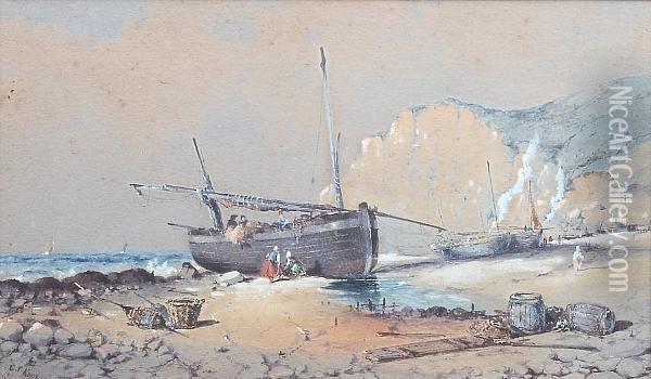 Fishing Boats And Figures On A Beach, Framed And Glazed Oil Painting - George Knox