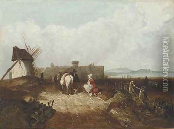 Figures resting by a windmill, a fortified town beyond Oil Painting - Richard Parkes Bonington