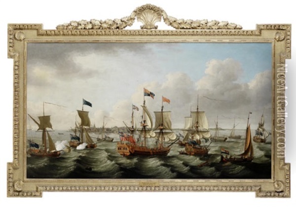 The Flotilla Of Ships, Led By The Royal Charlotte In Company With Five Other Royal Yachts, Arriving Off Harwich On 6th September, After Conveying Princess Charlotte Of Mecklenburg To England For Her Marriage To George Iii Oil Painting - John Cleveley
