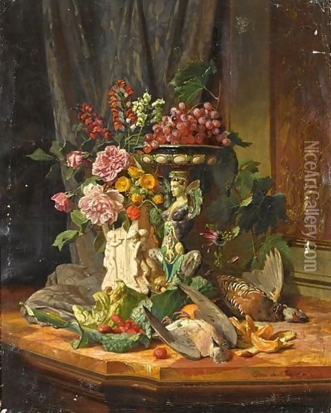 A Still Life With Flowers, Fruit And Game Oil Painting - David Emil Joseph de Noter