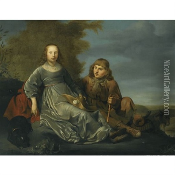 A Young Shepherd Couple Resting In A Landscape Oil Painting - Pieter Fransz de Grebber
