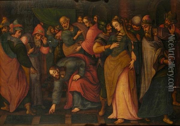 Christ And The Woman Taken In Adultery Oil Painting - Lucas Van Leyden