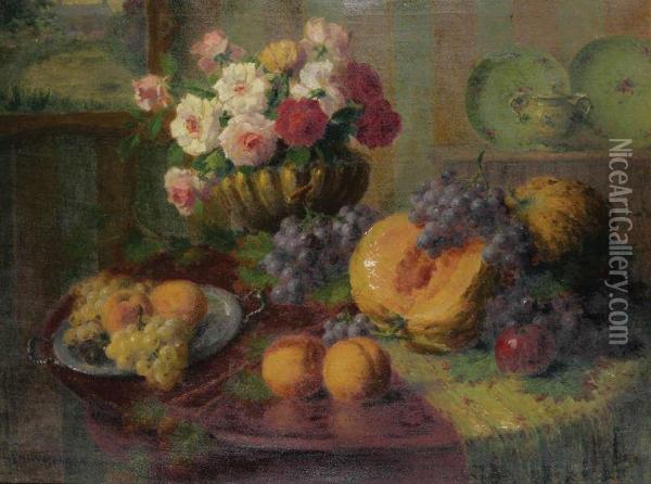Stilleven Met Bloemen, Druiven En Meloen Oil Painting - Henri Kokken