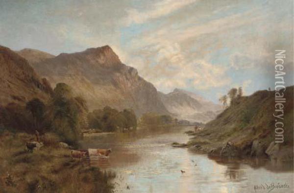 The Dee At Ballater, Early Morning Oil Painting - Alfred de Breanski