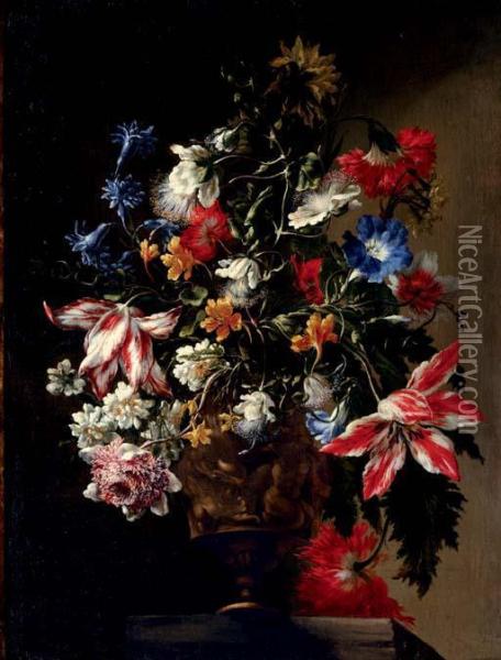Tulips, Roses, Daffodils, A 
Carnation, A Poppy, Anemone, Jasmine, Morning Glory And Other Flowers In
 A Sculpted Urn, On A Stone Ledge Oil Painting - Mario Nuzzi Mario Dei Fiori