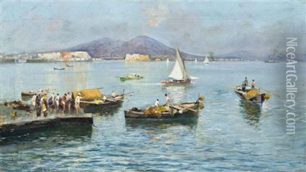 Fishermen Before Vesuvius, Naples Oil Painting - Attilio Pratella
