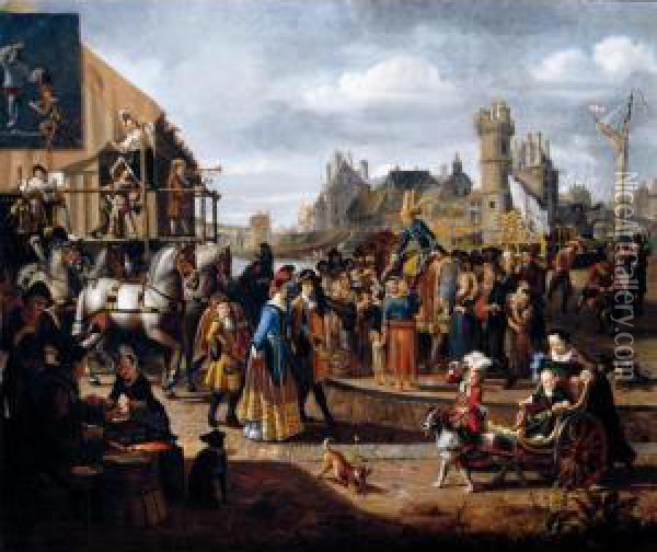 Carnival Scene In A Dutch 
Riverside Town, With Actors Performing, An Elegant Couple Promenading 
And A Young Child In A Cart Being Pulled By A Dog Oil Painting - Matthijs Naiveu