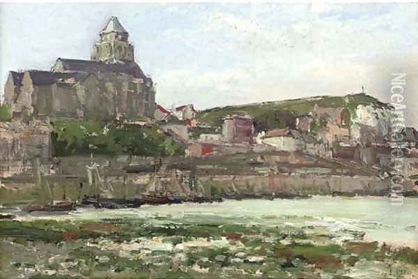The fishing port of Les Treport at the mouth of the Bresle with the Terrace Calvary and the Church of St Jacques Oil Painting - Pierre Jacques Pelletier