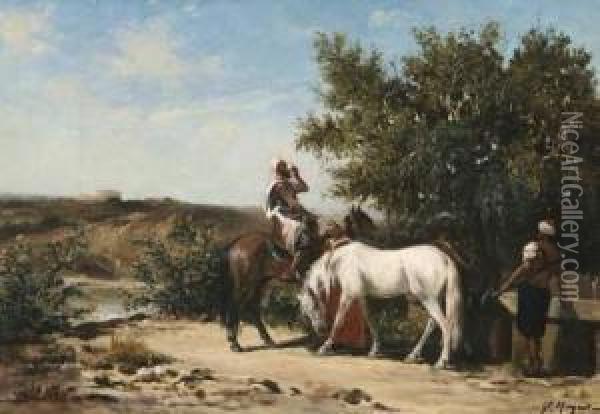 Cavaliers S'abreuvant Oil Painting - Victor Pierre Huguet