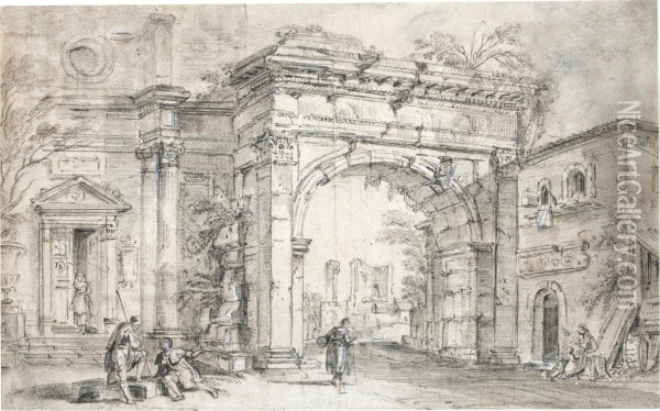 Roman Capriccio With Figures By An Arch And Other Classical And Medieval Buildings Oil Painting - Jean-Baptiste Lallemand