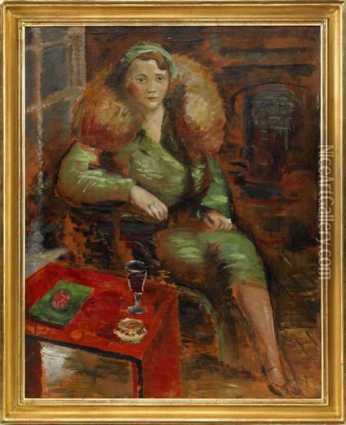 Interior Med Kvinna I Gron Kappa Och Boa - Portratt Av Frustreletskie Oil Painting - Isaac Grunewald