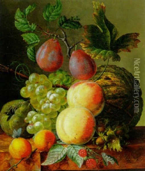 Peaches, Grapes, Apricots, Plums And Melon On A Marble Ledge Oil Painting - Willem Hekking