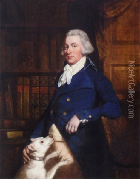 Portrait Of Samuel Rodbard Standing In A Library With His Dog Oil Painting - Thomas Beach