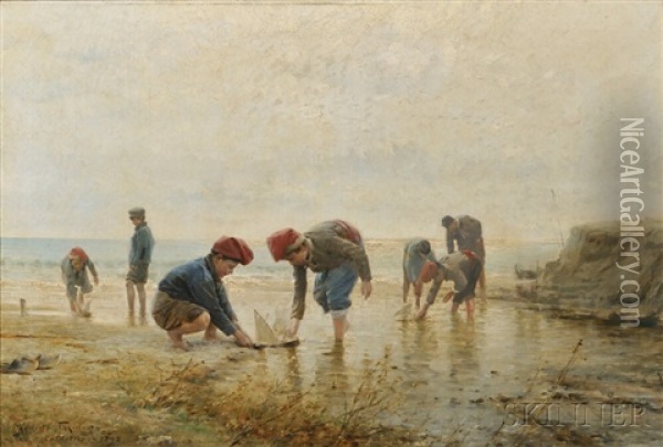 Boys Sailing Toy Boats In A Tide Pool Oil Painting - Modesto Texidor y Torres