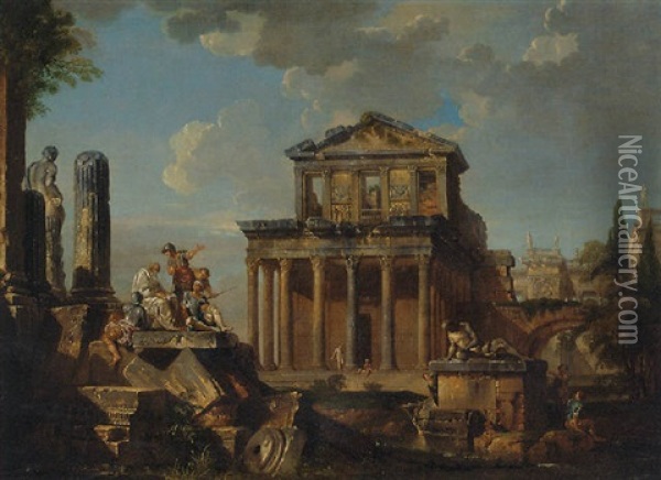 Soldiers Listening To A Philosopher On A Pile Of Broken Columns Before The Temple Of Antoninus Pius And Anna Galeria Faustina Oil Painting - Giovanni Paolo Panini