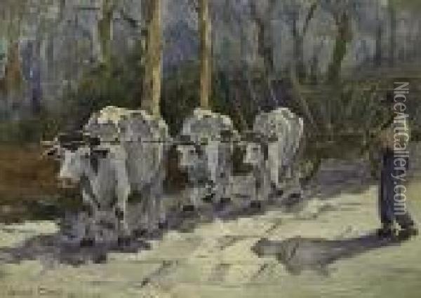 Man With Ox-drawn Cart>. Oil Painting - Cesare Ciani