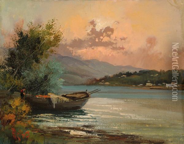Paesaggio Lacustre Con Barca E Pescatore Oil Painting - Henry Marko