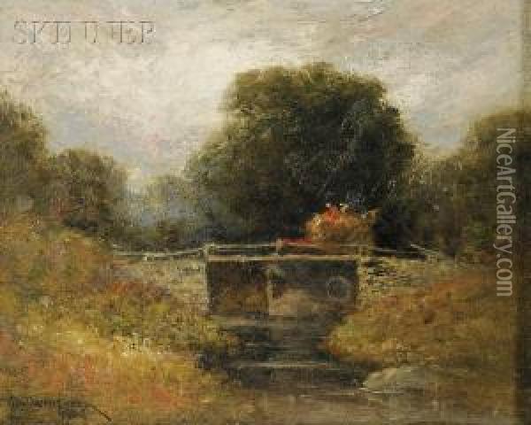 Hay Wagon On A Bridge Oil Painting - George William Whitaker