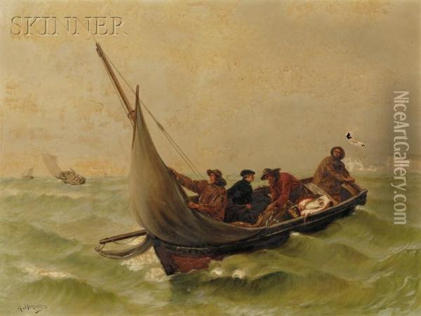 Fisherman In A Dory Off The White Cliffs Oil Painting - George Haquette