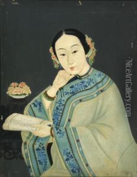 Portrait Of A Lady Holding A Scroll Oil Painting - Lam Qua