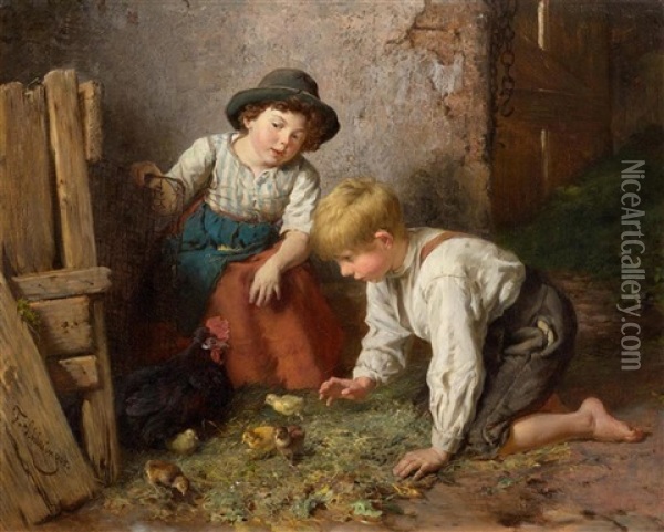 Zwei Kinder Bei Den Kuken Oil Painting - Felix Schlesinger