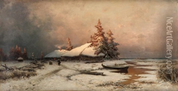 Hut At Winter Twilight Oil Painting - Yuliy Yulevich (Julius) Klever
