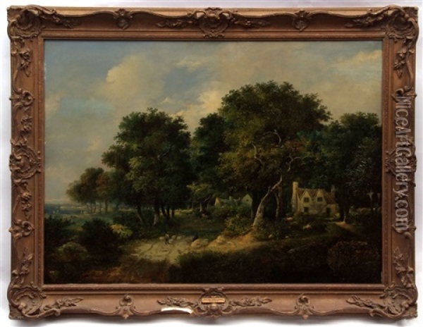 Cottages Under Trees With Shepherd Driving Sheep Oil Painting - William Henry Crome
