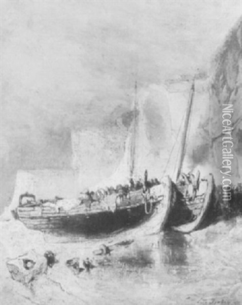 Fischer Mit Zwei Trocken Aufliegenden Booten An Der Steilkuste Oil Painting - Louis-Gabriel-Eugene Isabey