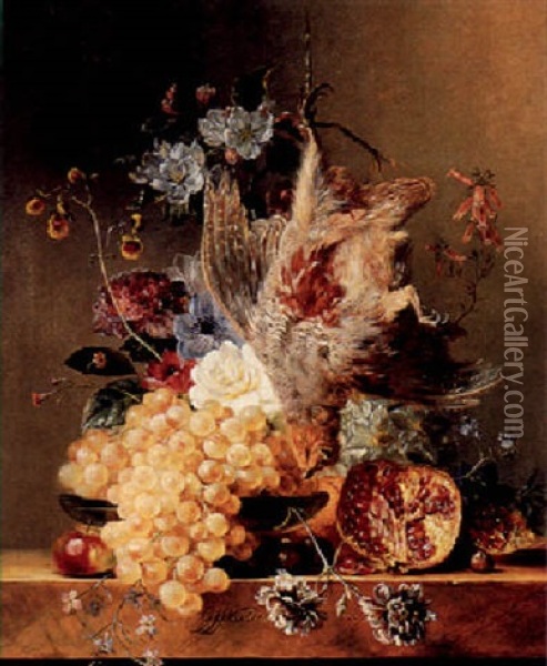 A Still Life With Fruit, Flowers And Poultry Oil Painting - Georgius Jacobus Johannes van Os