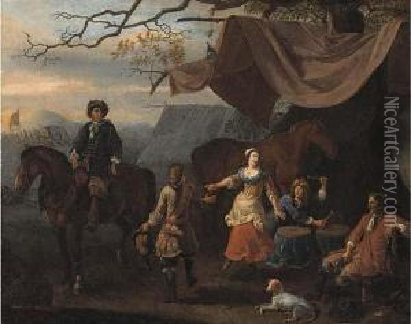 A Military Encampment With Merrymakers At A Tent Oil Painting - Abraham Hondius